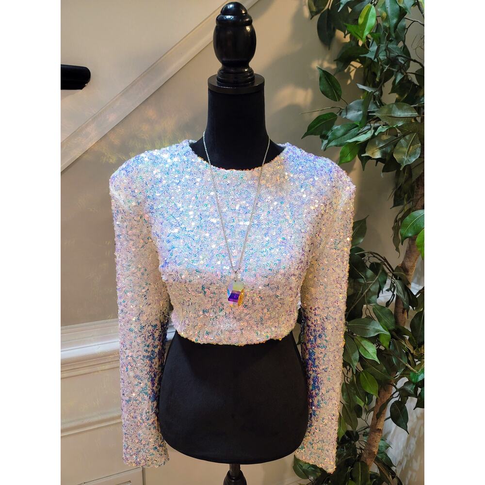 Mable Crop Blouse Women's Medium White Sequin Crew Long Sleeve Back Zip Party